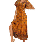 Zeagoo Women's V Neck Bohemian Dress Floral Printed Maxi Dress Short Sleeve Beach Party Dress