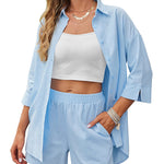 Linen Shirt Elastic Waist Casual Shorts Set - Zeagoo (Us Only)