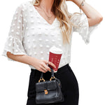 Swiss Dot Chiffon 3/4 Ruffle Sleeve Blouse - Zeagoo (Us Only)