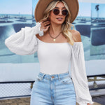 Zeagoo Women's Top Mesh Long Sleeve Shirts Casual Square Neck Polka Dot Puff Sleeve Tunic Blouse (Us Only)