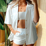 Linen Shirt Elastic Waist Casual Shorts Set - Zeagoo (Us Only)