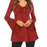 Zeagoo Women's Sexy V-Neck Pleated Front Long Bell Sleeve Blouse Tops