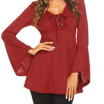 Zeagoo Women's Sexy V-Neck Pleated Front Long Bell Sleeve Blouse Tops