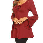 Zeagoo Women's Sexy V-Neck Pleated Front Long Bell Sleeve Blouse Tops