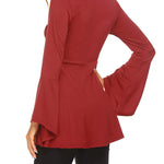 Zeagoo Women's Sexy V-Neck Pleated Front Long Bell Sleeve Blouse Tops