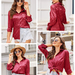Satin Silk Shirt Floral Button Down Blouse - Zeagoo (Us Only)