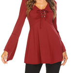 Zeagoo Women's Sexy V-Neck Pleated Front Long Bell Sleeve Blouse Tops