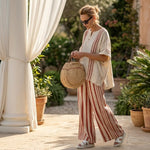 Mirella – Elegant ensemble with a structured red striped top and linen trousers