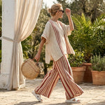 Mirella – Elegant ensemble with a structured red striped top and linen trousers