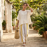 Arianna – Elegant linen set: yellow striped top and long-legged trousers