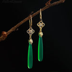 Women Green Agate Copper Overgild Tassle Drop Earrings