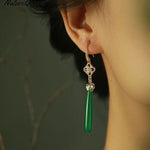 Women Green Agate Copper Overgild Tassle Drop Earrings