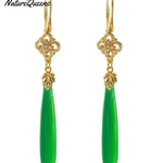 Women Green Agate Copper Overgild Tassle Drop Earrings