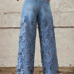 Women's Mid Waist Buttoned Lace Patchwork Jeans