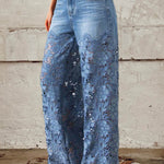 Women's Mid Waist Buttoned Lace Patchwork Jeans