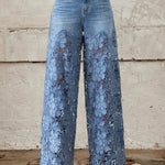 Women's Mid Waist Buttoned Lace Patchwork Jeans