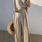 Women's Solid Color Casual Elegant Stylish Sleeveless Top Wide-leg Pants Two-piece Suit