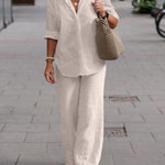 Women's Solid Color Casual Loose Long Sleeve Shirt Wide Leg Pants Two-piece Suit