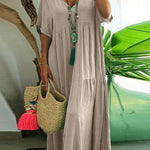Women's Loose Stylish Solid Color V-neck Irregular Cotton Long Dress