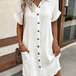 Women's Summer Simplistic V-Neck Button Down Cotton And Linen Shirt Dress