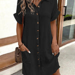 Women's Summer Simplistic V-Neck Button Down Cotton And Linen Shirt Dress