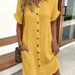 Women's Summer Simplistic V-Neck Button Down Cotton And Linen Shirt Dress