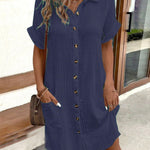 Women's Summer Simplistic V-Neck Button Down Cotton And Linen Shirt Dress