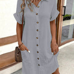 Women's Summer Simplistic V-Neck Button Down Cotton And Linen Shirt Dress