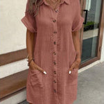 Women's Summer Simplistic V-Neck Button Down Cotton And Linen Shirt Dress
