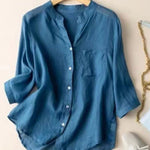 Women's V-neck Solid Color 3/4 Sleeve Casual Linen Cardigan Shirt