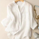 Women's V-neck Solid Color 3/4 Sleeve Casual Linen Cardigan Shirt