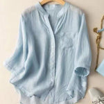 Women's V-neck Solid Color 3/4 Sleeve Casual Linen Cardigan Shirt