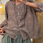 Women's V-neck Half Sleeve Embroidered Cardigan Buttoned Casual Linen Top