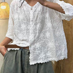 Women's V-neck Half Sleeve Embroidered Cardigan Buttoned Casual Linen Top