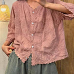 Women's V-neck Half Sleeve Embroidered Cardigan Buttoned Casual Linen Top