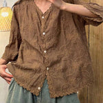 Women's V-neck Half Sleeve Embroidered Cardigan Buttoned Casual Linen Top