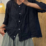 Women's V-neck Half Sleeve Embroidered Cardigan Buttoned Casual Linen Top