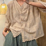 Women's V-neck Half Sleeve Embroidered Cardigan Buttoned Casual Linen Top