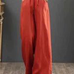 Women Solid Color Elastic Waist Pockets Casual Linen Wide Leg Pants