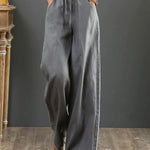Women Solid Color Elastic Waist Pockets Casual Linen Wide Leg Pants