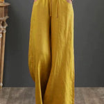 Women Solid Color Elastic Waist Pockets Casual Linen Wide Leg Pants