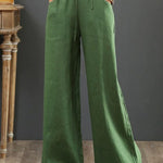Women Solid Color Elastic Waist Pockets Casual Linen Wide Leg Pants
