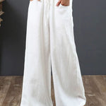 Women Solid Color Elastic Waist Pockets Casual Linen Wide Leg Pants