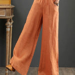 Women Solid Color Elastic Waist Pockets Casual Linen Wide Leg Pants
