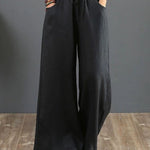 Women Solid Color Elastic Waist Pockets Casual Linen Wide Leg Pants