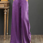 Women Solid Color Elastic Waist Pockets Casual Linen Wide Leg Pants