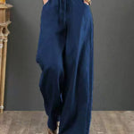 Women Solid Color Elastic Waist Pockets Casual Linen Wide Leg Pants