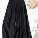 Women's Solid Color Semi-elastic High Waist Casual Pockets Cotton and Linen Wide Leg Pants