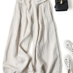 Women's Solid Color Semi-elastic High Waist Casual Pockets Cotton and Linen Wide Leg Pants