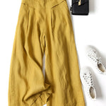 Women's Solid Color Semi-elastic High Waist Casual Pockets Cotton and Linen Wide Leg Pants